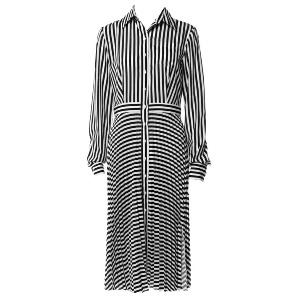 Altuzarra Pleated Striped Shirt Dress FR 40 US 8 Black White Midi